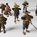Traditional Farmer Characters Wearing Straw Hats With Tools And Carrying Baskets