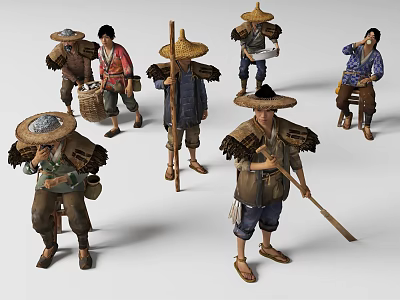 Traditional Farmer Characters Wearing Straw Hats With Tools And Carrying Baskets 3d model