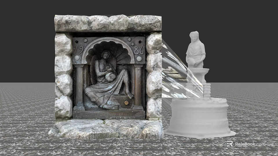 Ornate Stone Washbasin With Carved Figure And Decorative Sculpture Details 3d model 