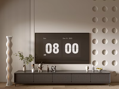 Modern Dark Colored TV Stand With Decorative Vases Small Ornaments And Circular Wall Design 3d model
