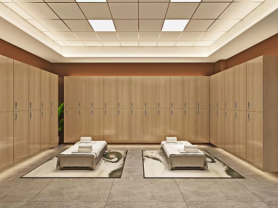 SPA Sauna Room With Wooden Lockers Rest Beds And White Towels On Gray Tiled Floor 3d model