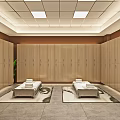 SPA Sauna Room With Wooden Lockers Rest Beds And White Towels On Gray Tiled Floor