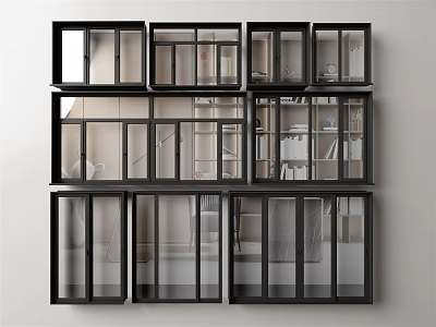 Modern Casement Windows Arranged In Grid With Black Frames And Transparent Glass For Interior Decoration 3d model