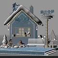 Winter Themed Art Installation With Blue House Hot Spring Pool And Snowman Decorations 3d model