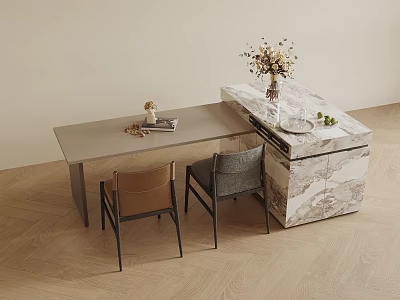 Modern Kitchen Interior With Marble Island Counter Chairs And Flower Vase 3d model