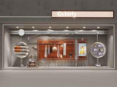 Ochirly Store Window Display With Hanging Clothes Circular Decor And Stylish Poster 3d model
