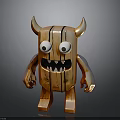 Cartoon Style Wooden Monster Figurine With Horns Big Eyes And Sharp Teeth
