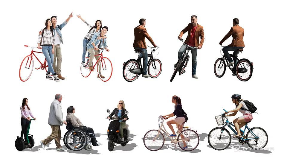 People Engaging in Various Transportation Activities with Bicycles Motorcycles and Wheelchairs 3d model 
