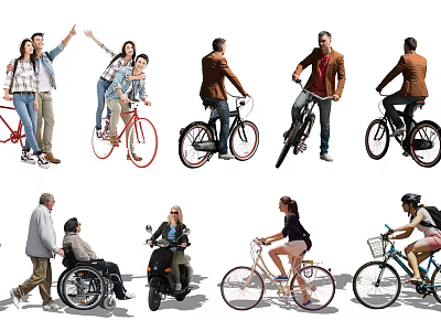 People Engaging in Various Transportation Activities with Bicycles Motorcycles and Wheelchairs 3d model