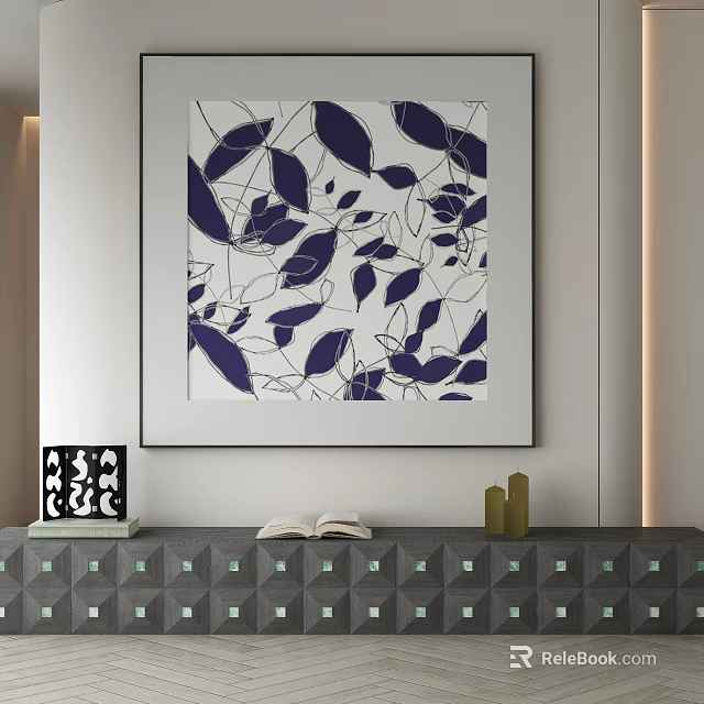 Abstract Painting With Navy Blue Leaf Patterns For Modern Wall Decor 3d model