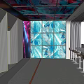 Modern Shopping Mall Lobby With Elevators Colorful Ceiling Blue Pink Wall Decor Neon Light Strips