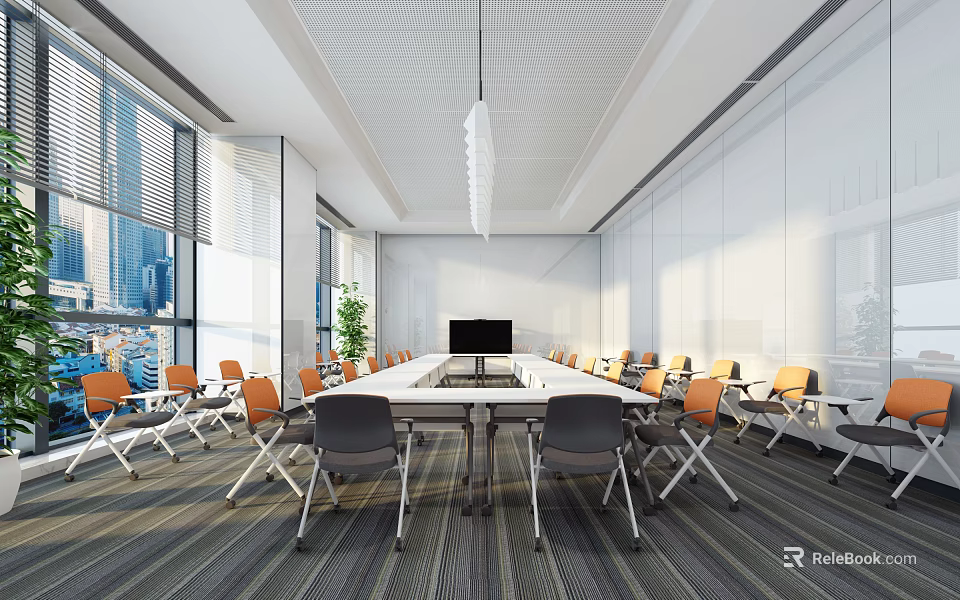 Modern Conference Room Interior With Long Table Orange Chairs Large Screen And Windows 3d model