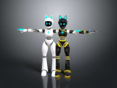 Two Robot Characters With Cat Ear Design White Black And Blue Yellow Arm Accents 3d model