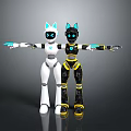 Two Robot Characters With Cat Ear Design White Black And Blue Yellow Arm Accents