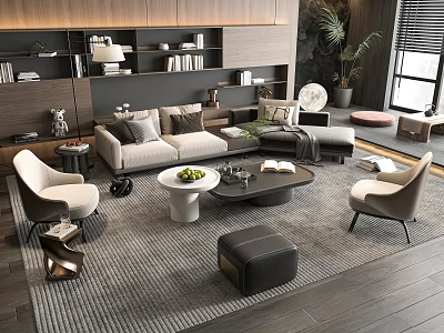 Modern Living Room Sofa and Coffee Table Set With Accent Chairs Area Rug and Bookshelves 3d model