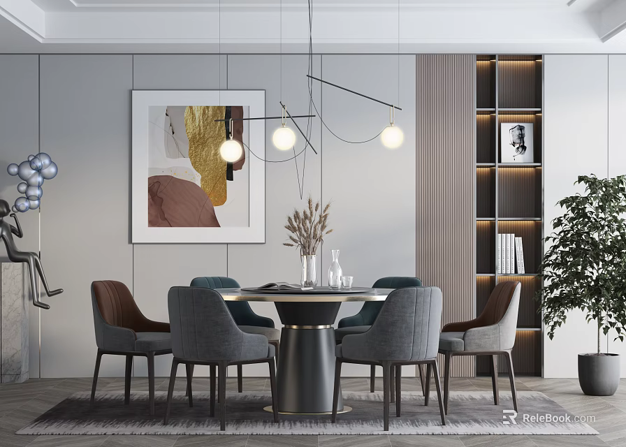 Modern Dining Table Set With Chairs Hanging Lights Artwork And Bookshelf 3d model