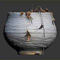 Wilted Plant In White Textured Pot With Dried Leaves Against Gray Background
