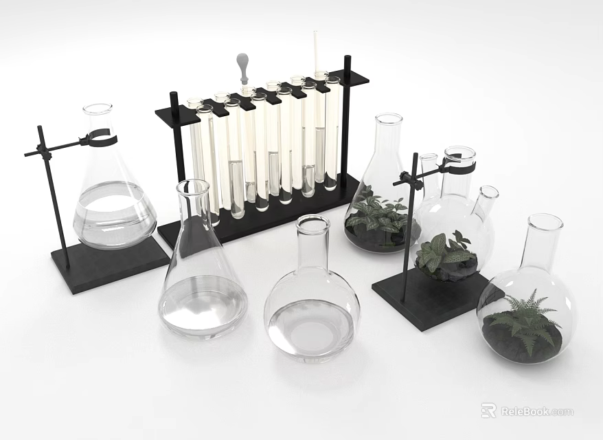 Laboratory Glassware Setup With Beakers Test Tubes And Potted Plants 3d model 