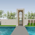 Modern Scenic Feature Wall Design With Pool Greenery And Stone Columns 3d model