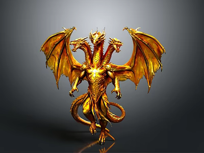 Majestic Golden Three Headed Dragon Mythical Creature With Wings And Tail 3d model