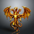Majestic Golden Three Headed Dragon Mythical Creature With Wings And Tail
