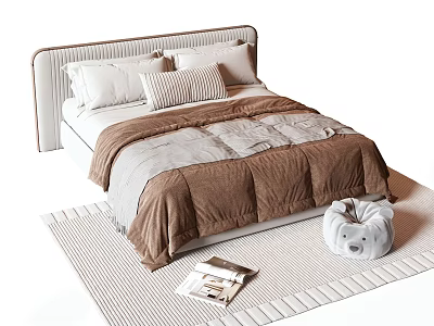 Comfortable Double Bed With Upholstered Headboard Pillows And Plush Toy On Light Rug 3d model