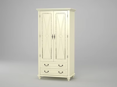 White Wooden Wardrobe With Decorative Door Designs And Two Bottom Drawers 3d model