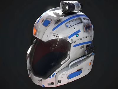 Futuristic White And Blue Helmet With Worn Details Top Mounted Device And Dark Visor 3d model