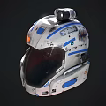 Futuristic White And Blue Helmet With Worn Details Top Mounted Device And Dark Visor