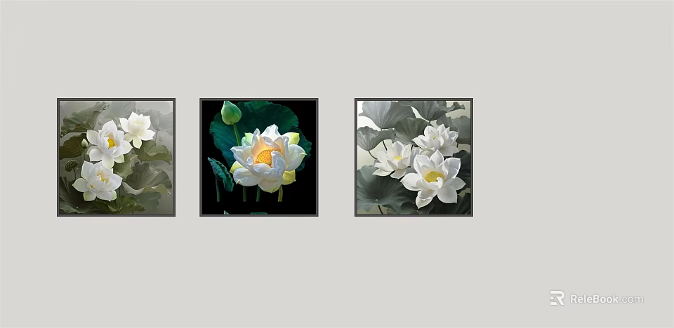 Set Of Three Plant Paintings Featuring White Lotus Blooms And Green Leaves 3d model 