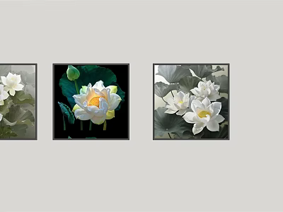 Set Of Three Plant Paintings Featuring White Lotus Blooms And Green Leaves 3d model