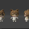 Cartoon Girl Character With Cat Ears White Dress Brown Hair Yellow Eyes And Multiple Angles