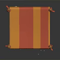 Tented Canopy Structure With Orange Red Striped Fabric Wooden Legs White Balls And Metal Tool