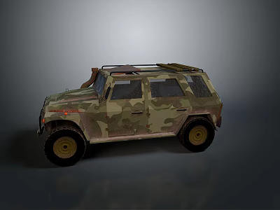 Camouflage Military Tank Exterior Design With Roof Rack And Reflective Surface On Gray Background 3d model