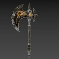 Ornate Battle Axe Weapon With Flame Pattern Circular Symbol And Long Handle