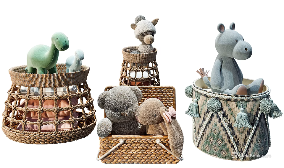 Cute Soft Plush Toys in Various Wicker Baskets with Tassel Details 3d model 