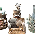 Cute Soft Plush Toys in Various Wicker Baskets with Tassel Details