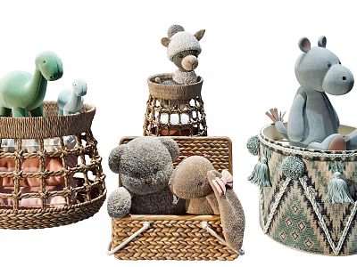 Cute Soft Plush Toys in Various Wicker Baskets with Tassel Details 3d model