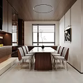 Modern Living and Dining Room Interior With Dark Wood Walls White Chairs And Gray Sofa