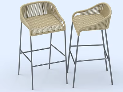 Modern Beige Rattan Bar Stools With Armrests And Metal Legs 3d model
