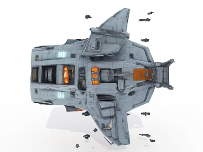 Large Gray Fighter Jet With Orange Accents Surrounded by Smaller Military Aircraft 3d model