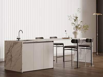 Modern Kitchen Interior With Marble Bar Counter Black Bar Stools White Blinds And Potted Plant 3d model