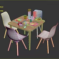 Cozy Dining Interior With Wooden Table White Chairs Tableware Fruits And Water Glasses