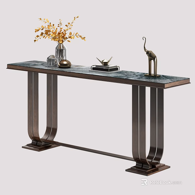 Modern Console Table Featuring Marble Top Metal Legs Decorative Vase Yellow Flowers And Elephant Sculpture 3d model 