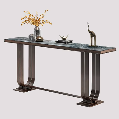 Modern Console Table Featuring Marble Top Metal Legs Decorative Vase Yellow Flowers And Elephant Sculpture 3d model