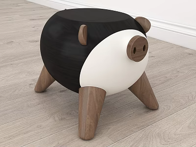 Pig Shaped Stool Black And White Design With Wooden Legs Cute Children Kids Room Furniture 3d model