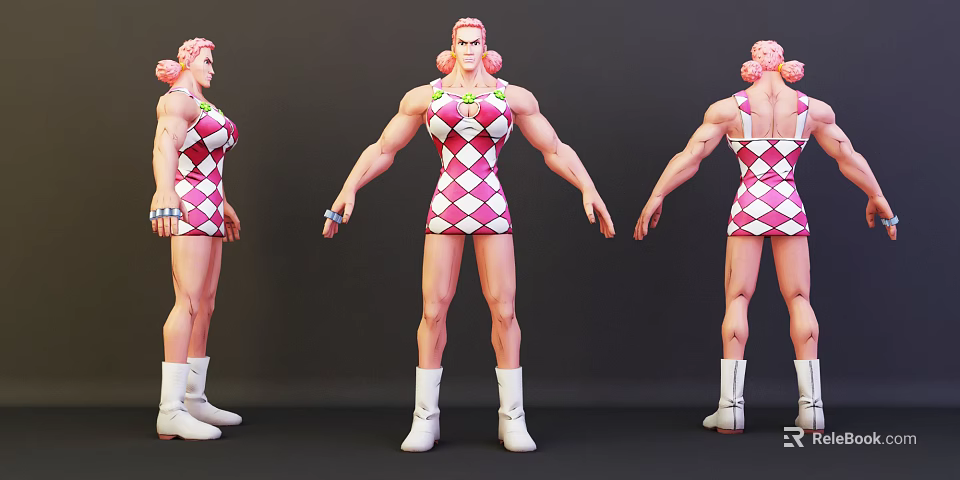 Muscular Game Movie Character With Pink Hair Diamond Pattern Outfit And White Boots 3d model 