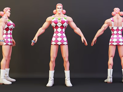 Muscular Game Movie Character With Pink Hair Diamond Pattern Outfit And White Boots 3d model