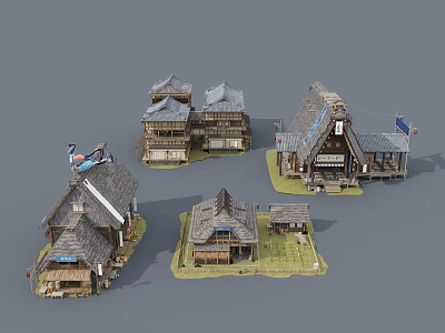 Traditional Japanese Architecture Models With Diverse Roof Styles And Wooden Structures 3d model