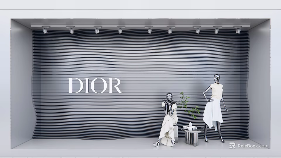 Dior Window Display With Striped Background Mannequins And Decorative Plant 3d model 